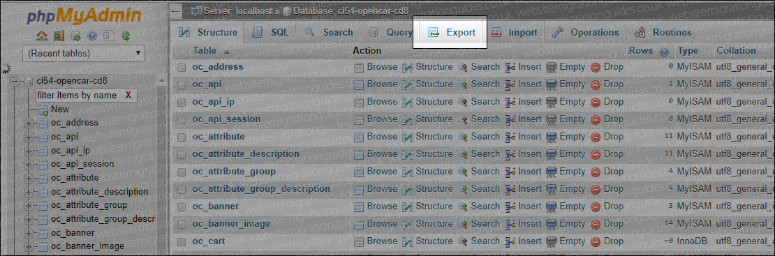 export opencart database