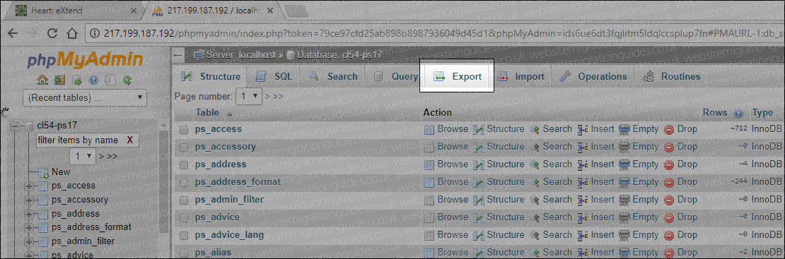 export prestashop database