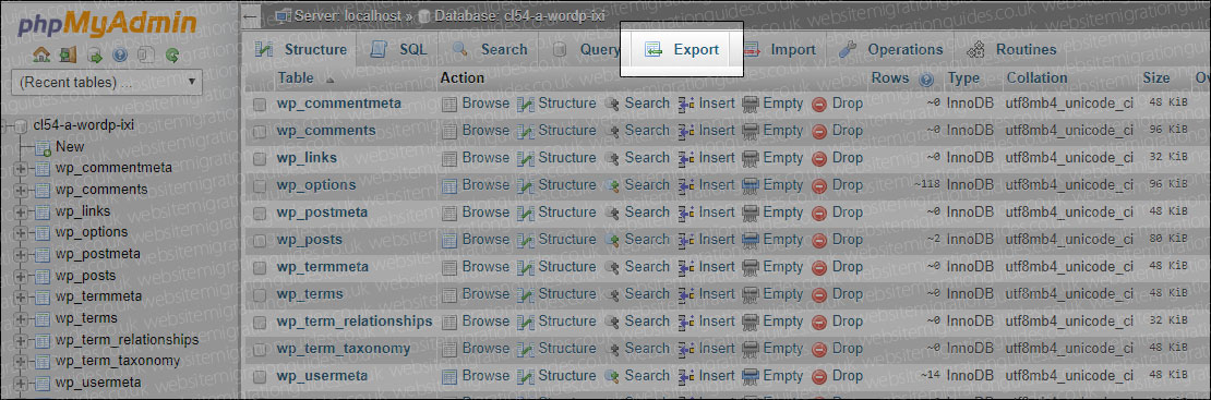export wordpress database