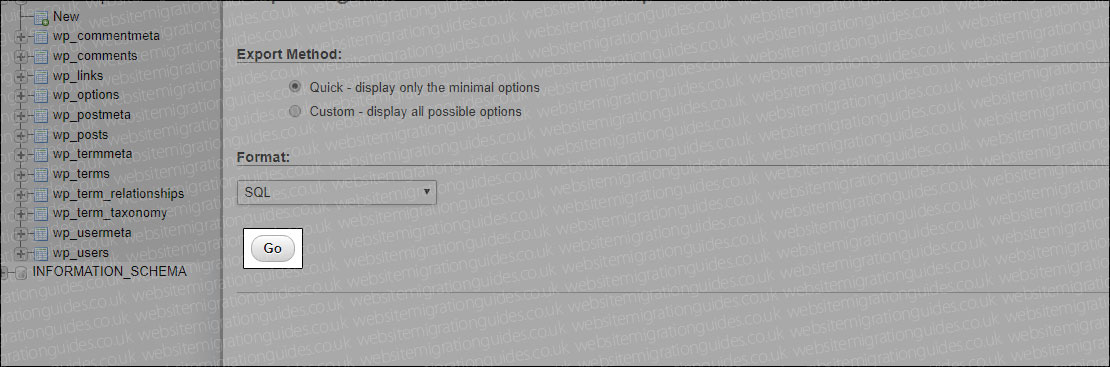 WordPress export database go