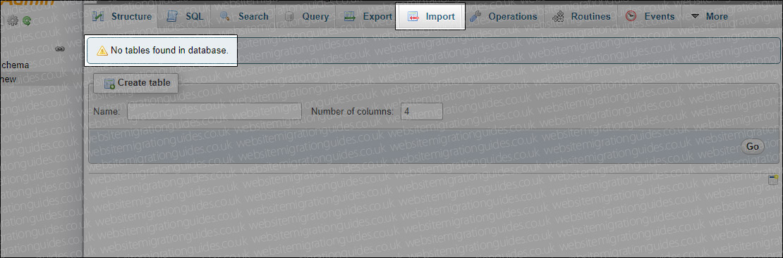 Import database tab